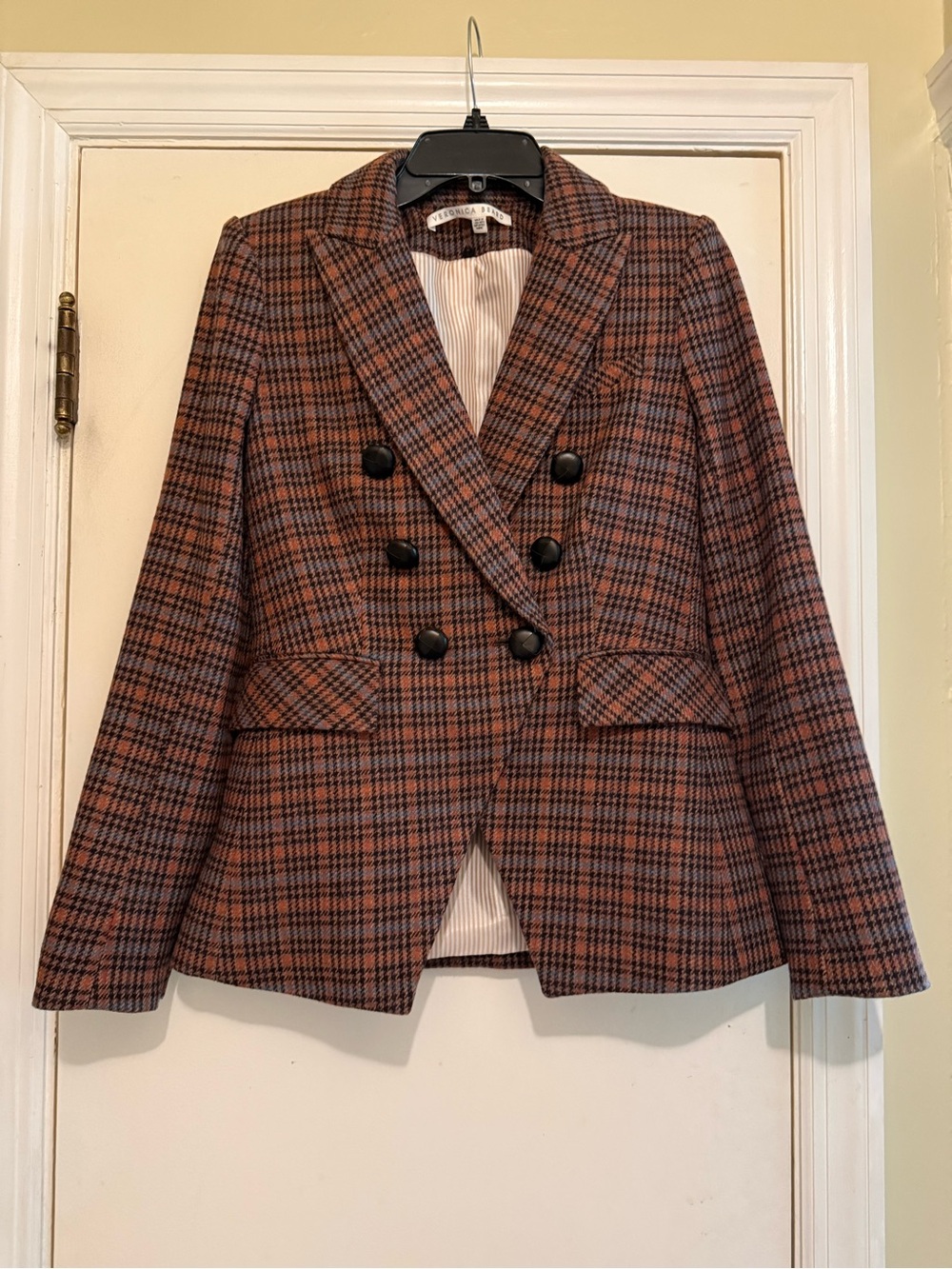 Veronica Beard Double-Breasted Plaid Blazer Jacket - Brown Plaid